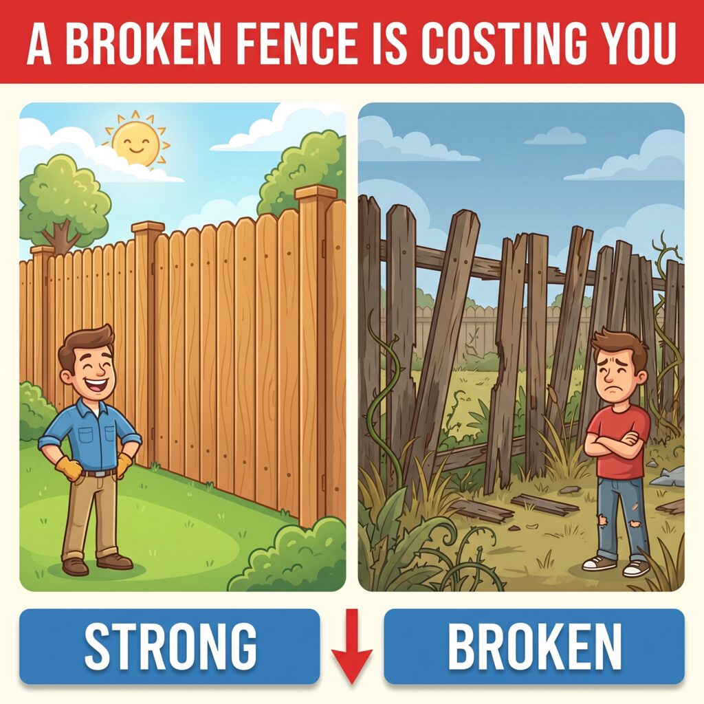 Broken fence before and after illustration — Pender Pro